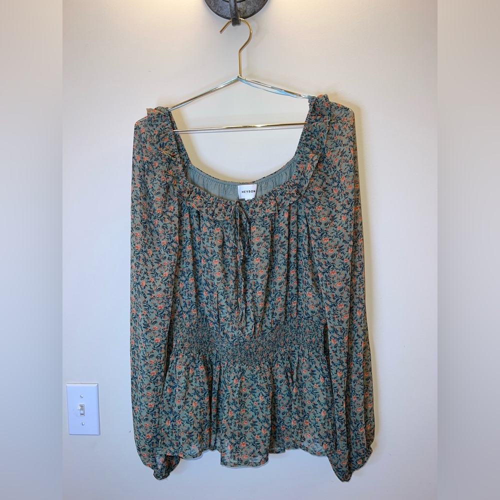 Heyson Floral Smocked Peplum Blouse | Puff Sleeve Boho Top | Size S